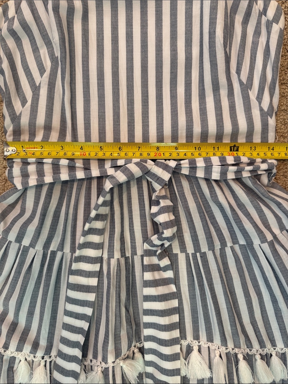 Eliza J Tiered Maxi Dress with Tassle Trim in Gray and White Stripes - Picture 5 of 6
